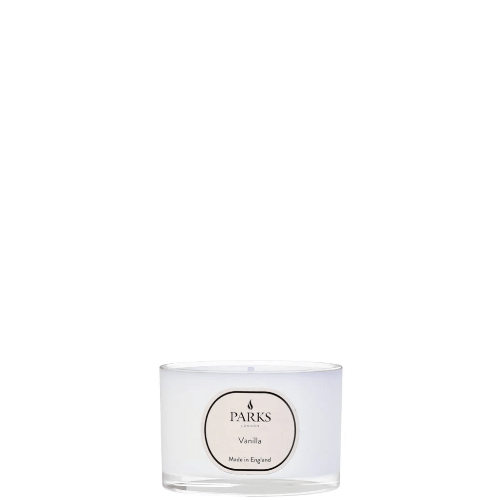 Vanilla candle in 70g Parks Candles container with a creamy vanilla scent and simple white design.