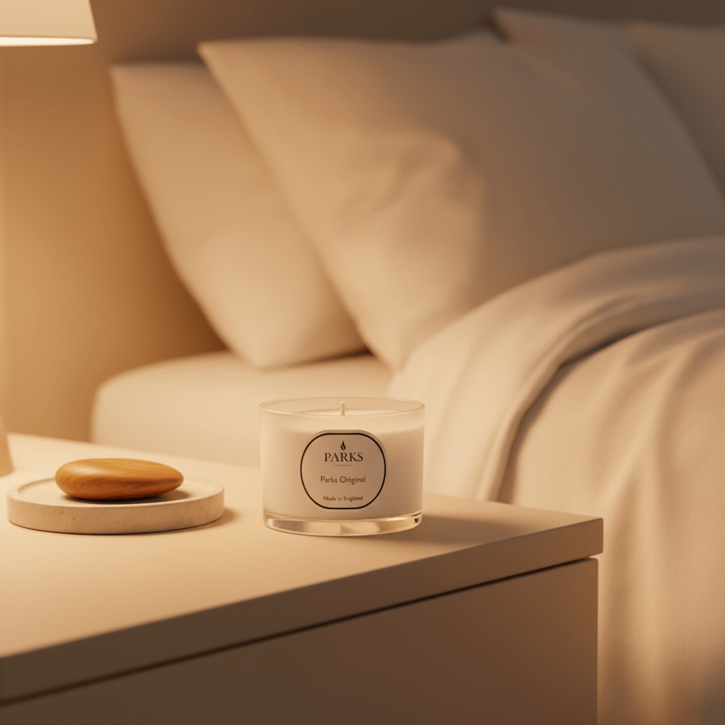 Parks Candles Parks Original Candle 70g with a white ceramic holder and a lit cotton wick, emitting a warm glow.