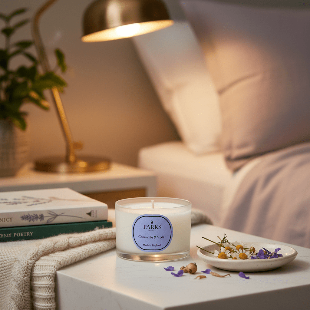 Parks Candles chamomile and violet travel candle in a 70g jar, showcasing a soothing floral scent and elegant design.