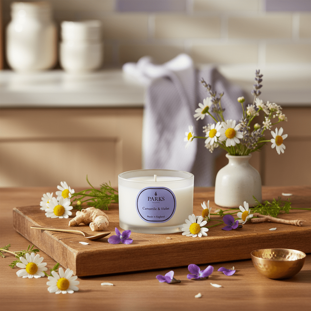 Parks Candles chamomile and violet travel candle in a 70g jar, featuring a soothing floral fragrance and decorative design.