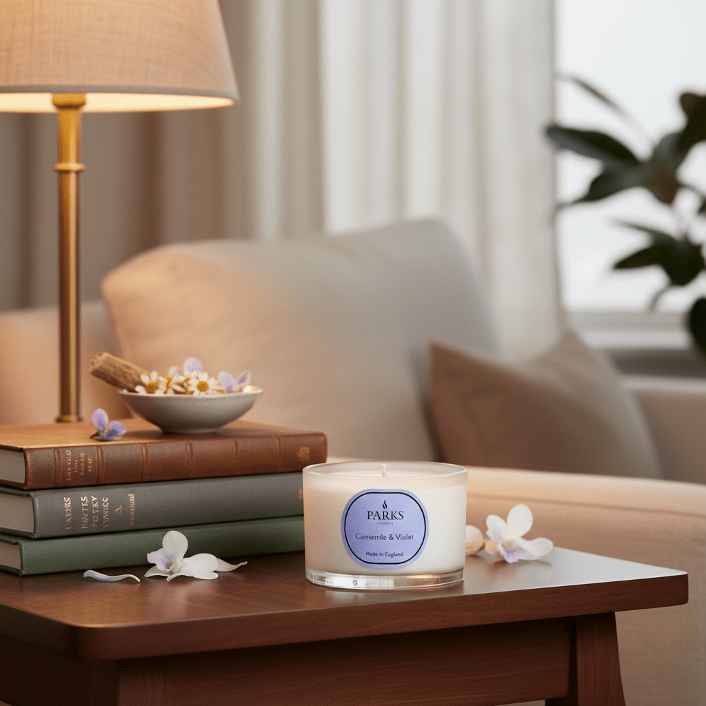 Parks Candles chamomile and violet travel candle in a 70g jar, featuring a calming floral scent and decorative design.