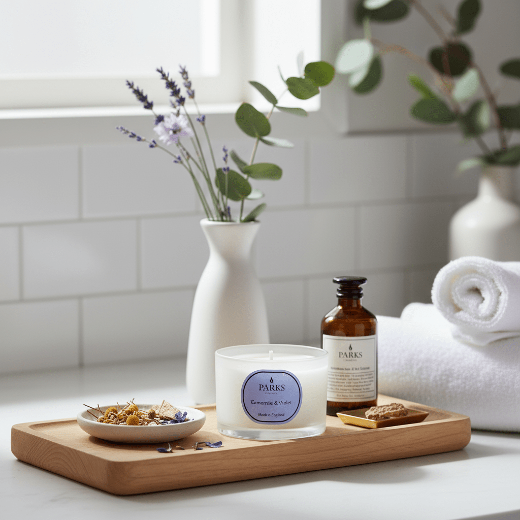 Parks Candles camomile and violet travel candle in a 70g jar, with floral scents and a soothing, decorative design.