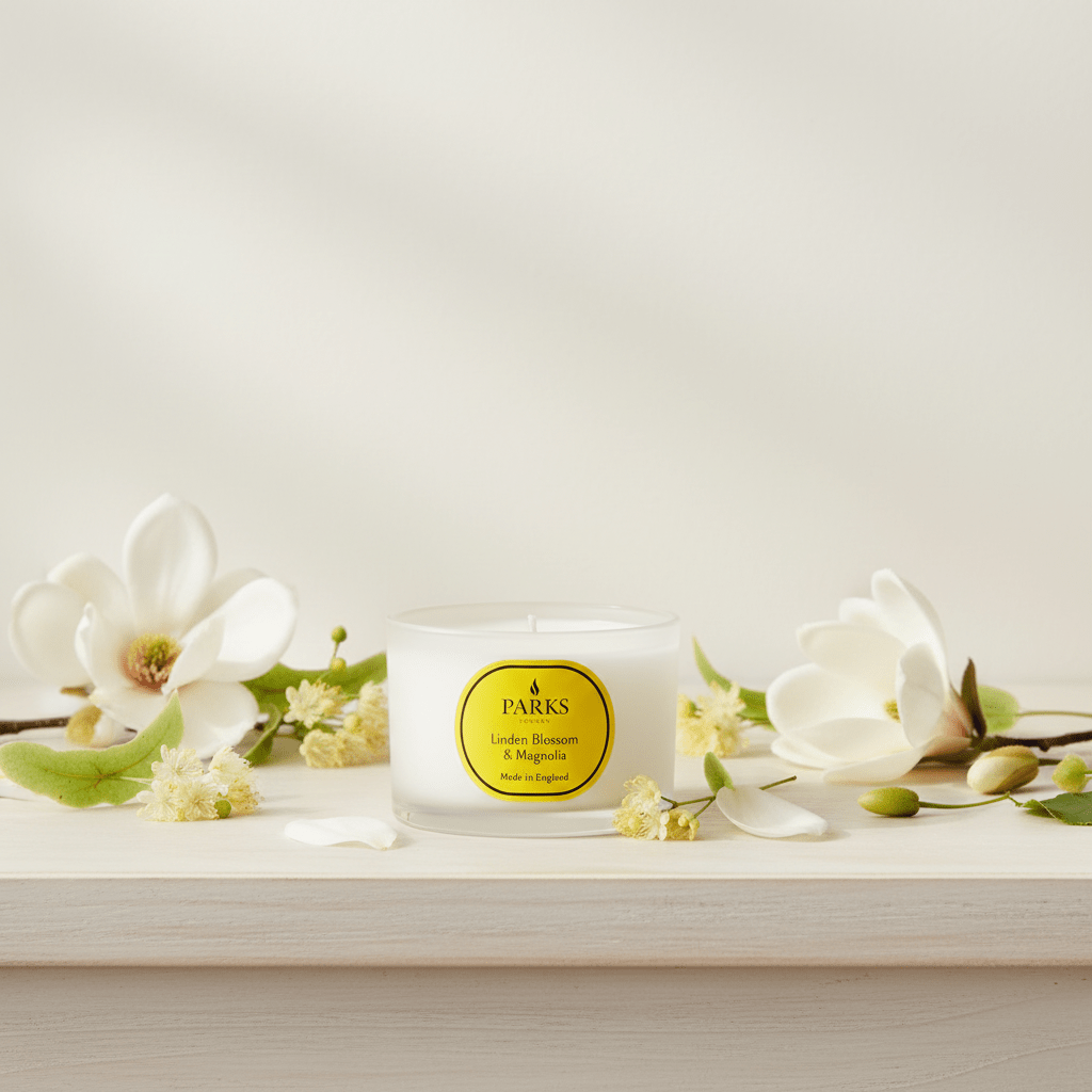 Parks Candles Linden Blossom and Magnolia travel candle in 70g tin, featuring floral scent with blooming flowers and elegant design.