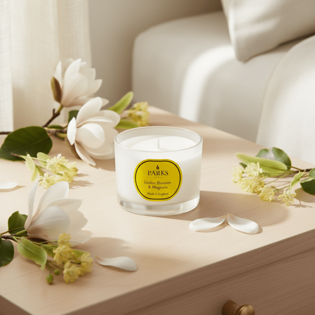 Parks Candles Linden Blossom and Magnolia travel candle in a 70g container, featuring floral scents and a decorative design.