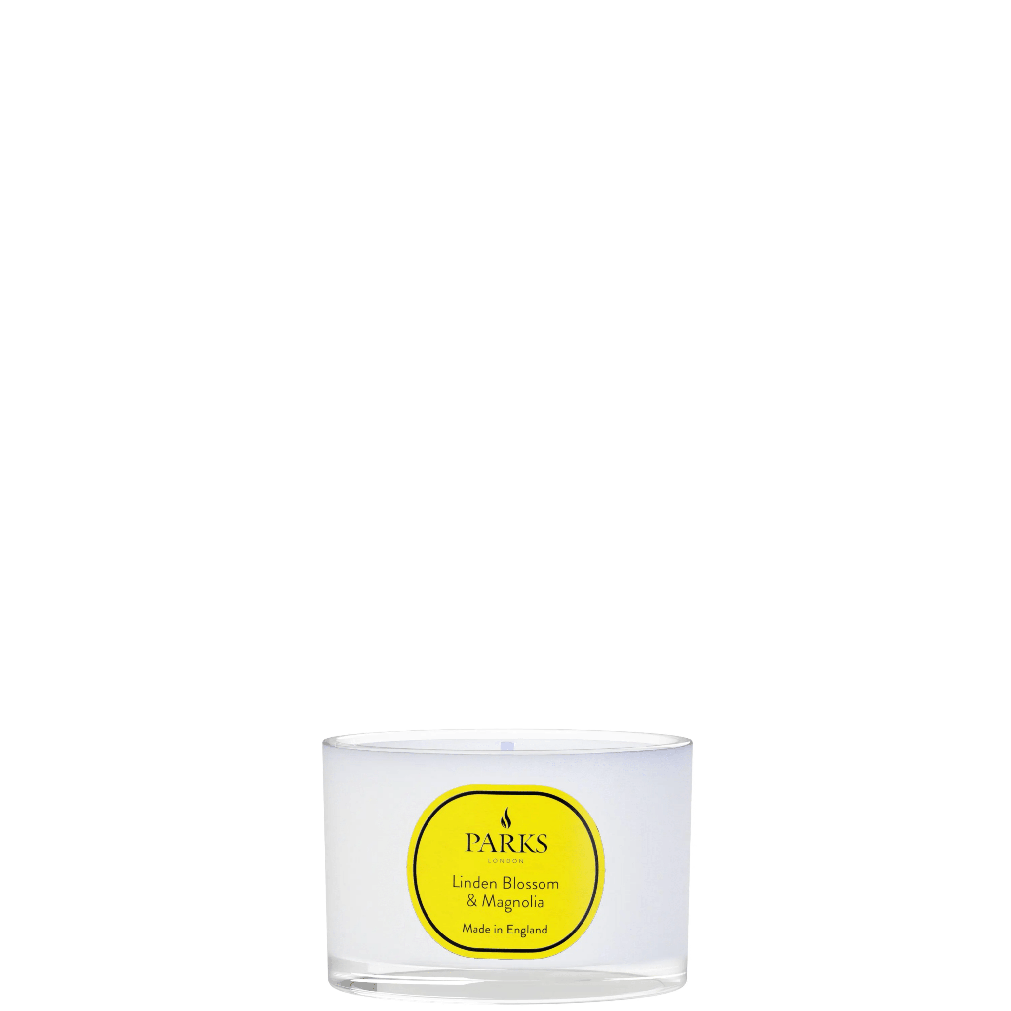 Linden Blossom & Magnolia travel candle by Parks Candles, 70g, featuring a decorative wax container with floral-inspired design.