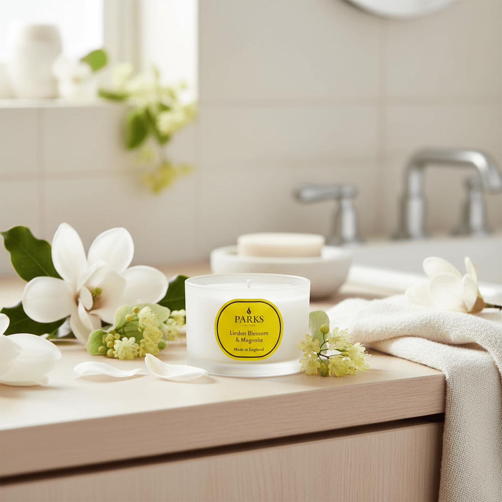 Linden Blossom and Magnolia travel candle by Parks Candles, 70g, with a sleek jar and floral-inspired design.