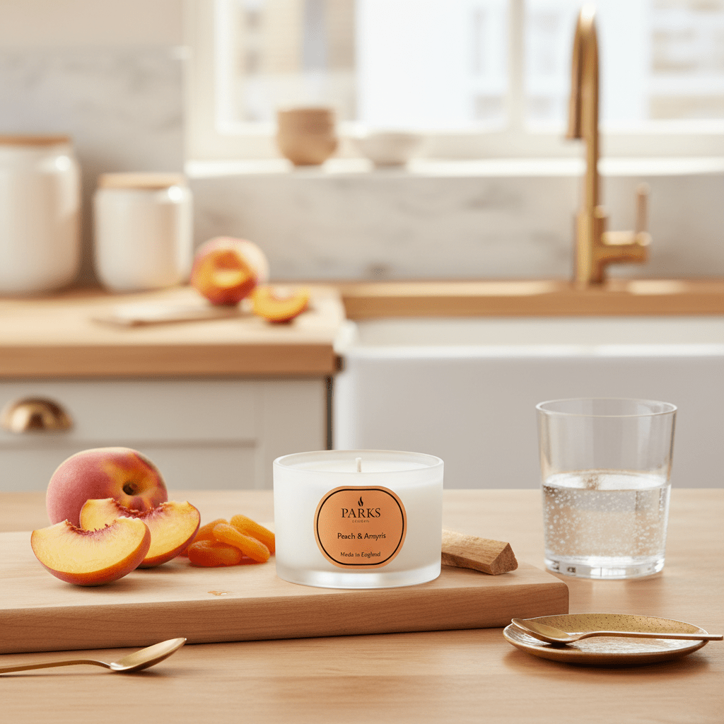 Parks Candles Peach & Amaryllis travel candle in a 70g container with a peach and floral scent, perfect for on-the-go use.