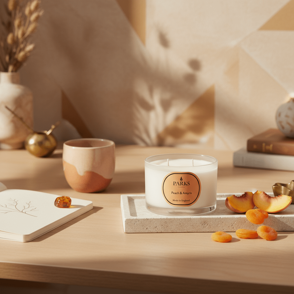 Parks Candles Peach & Amaryllis travel candle in a 70g tin, featuring a floral and fruity scent with a flickering flame.