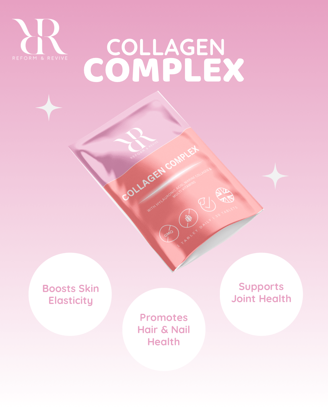 Reform and Revive Collagen Complex vitamins for skin, hair, and beauty support with bottle of dietary supplement capsules.