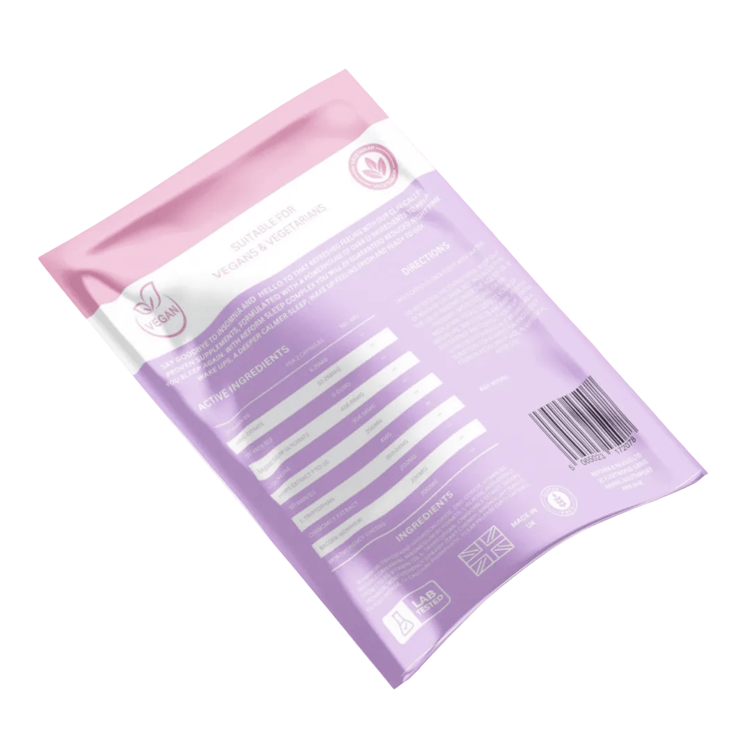 Reform and Revive Sleep Complex+ vitamins for rest and relaxation, displayed in a bottle with colorful label.