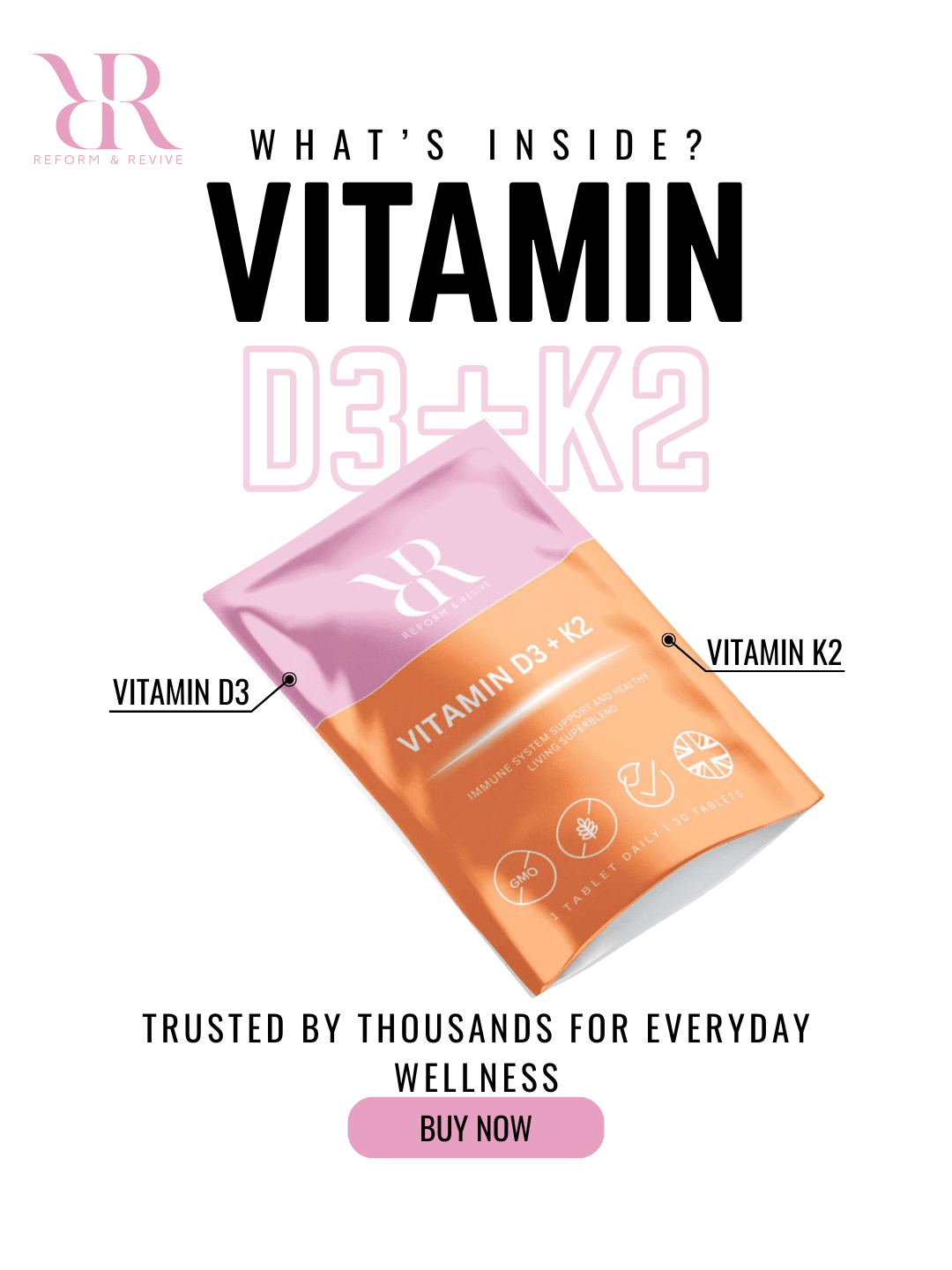 Reform and Revive Vitamin D3 + K2 4000 IU bottle with supplement capsules, showing the label and product packaging.