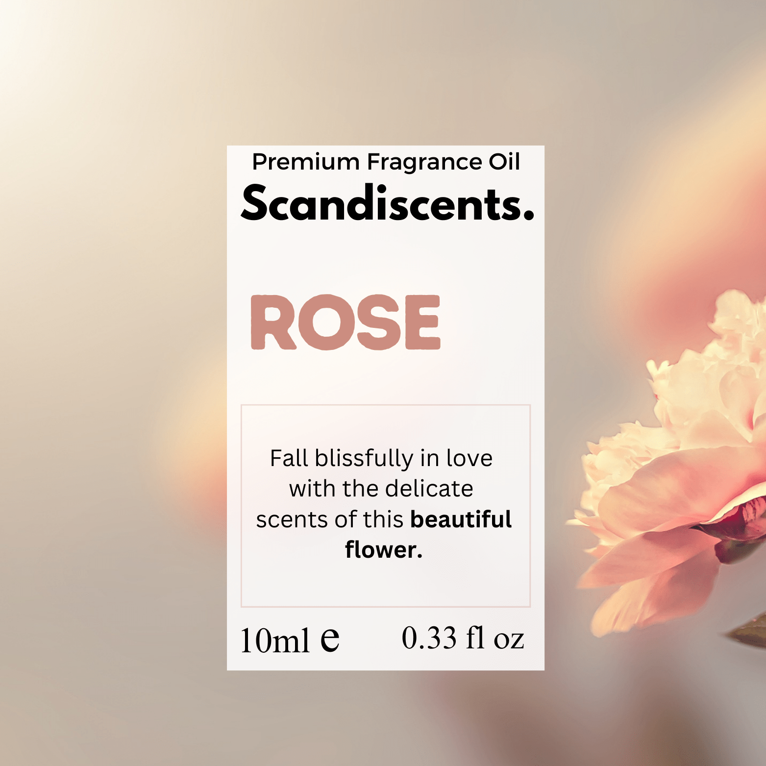 Scandiscents rose fragrance oil bottle with a floral label, showcasing the elegant packaging of the scented oil.