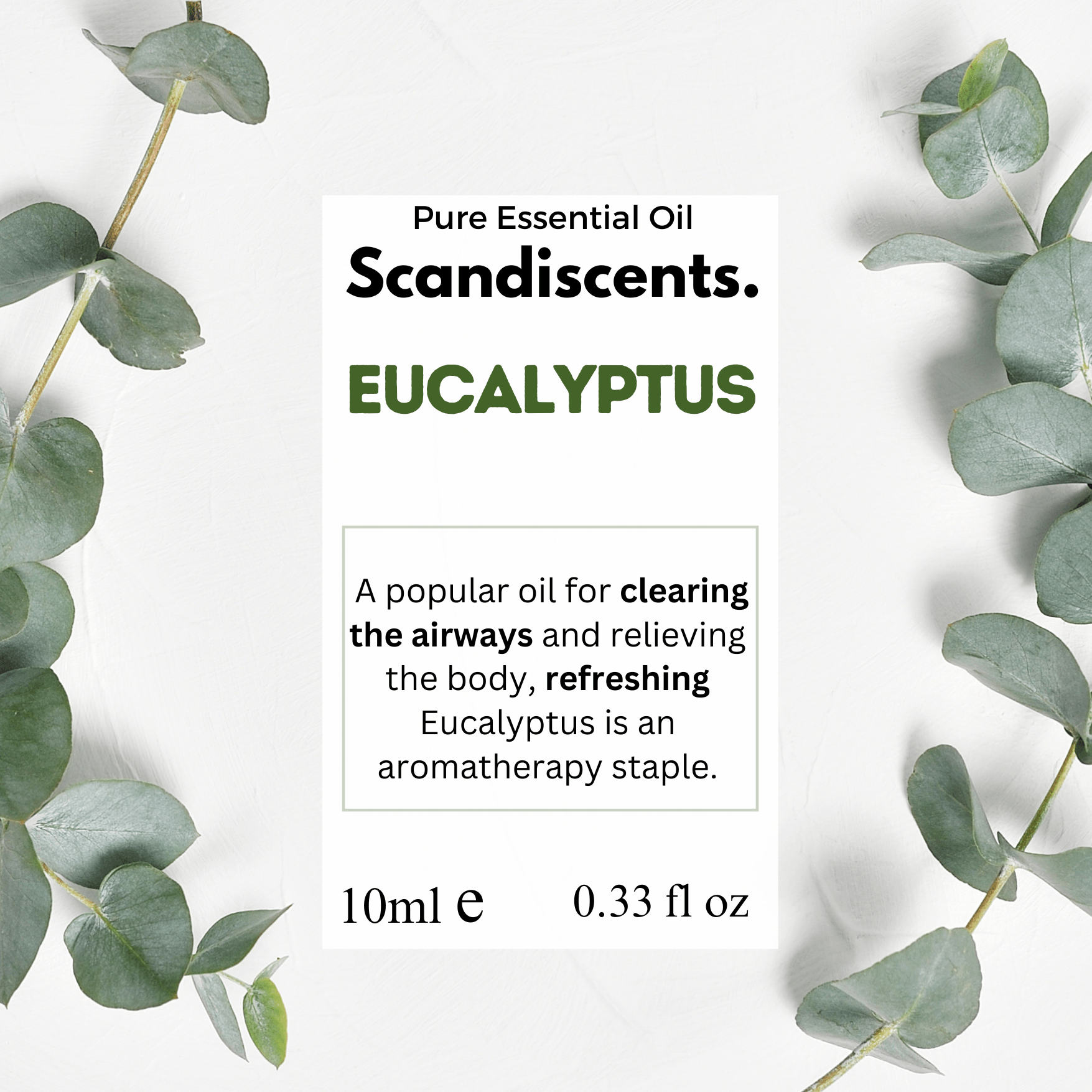 Scandiscents eucalyptus essential oil bottle with clear labeling, set against a neutral background.