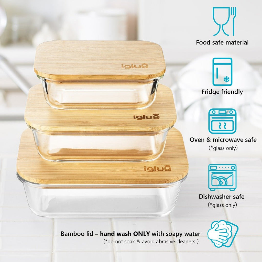 Igluu Meal Prep glass containers with bamboo lids in assorted sizes, suitable for meal prep and food storage.