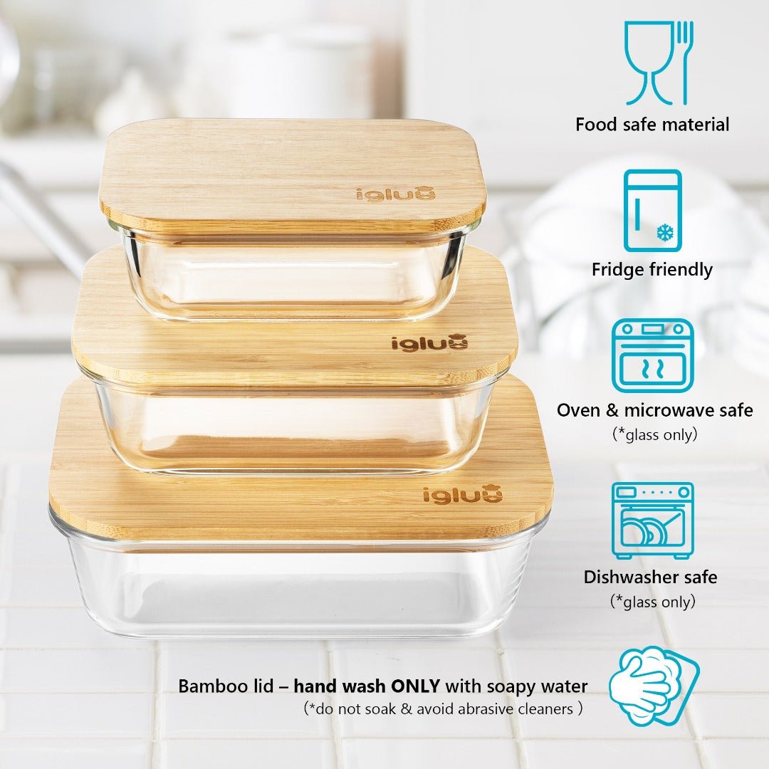 Igluu Meal Prep glass containers with bamboo lids in assorted sizes, suitable for meal prep and food storage.