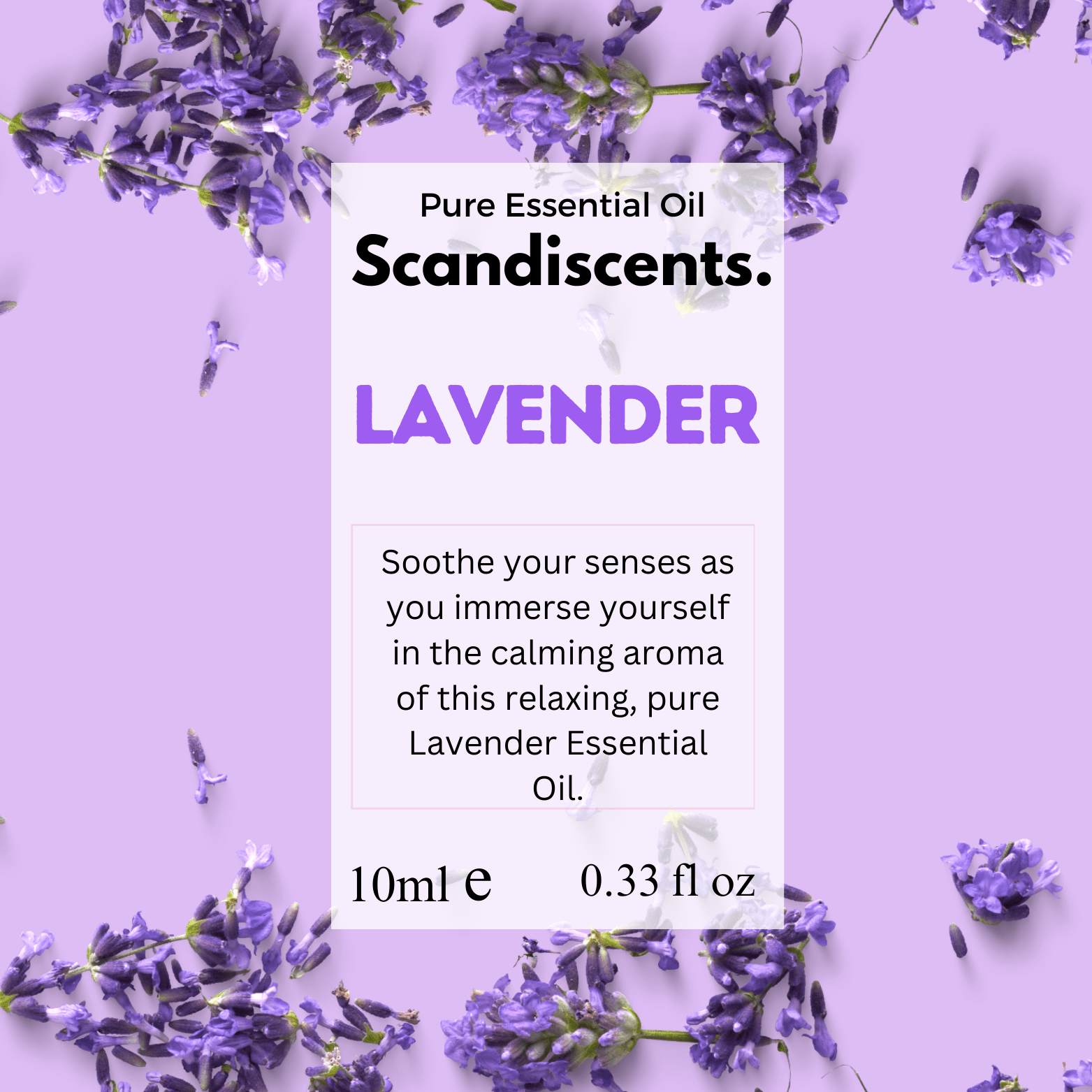Scandiscents lavender essential oil bottle with label, surrounded by fresh lavender flowers on a white background.