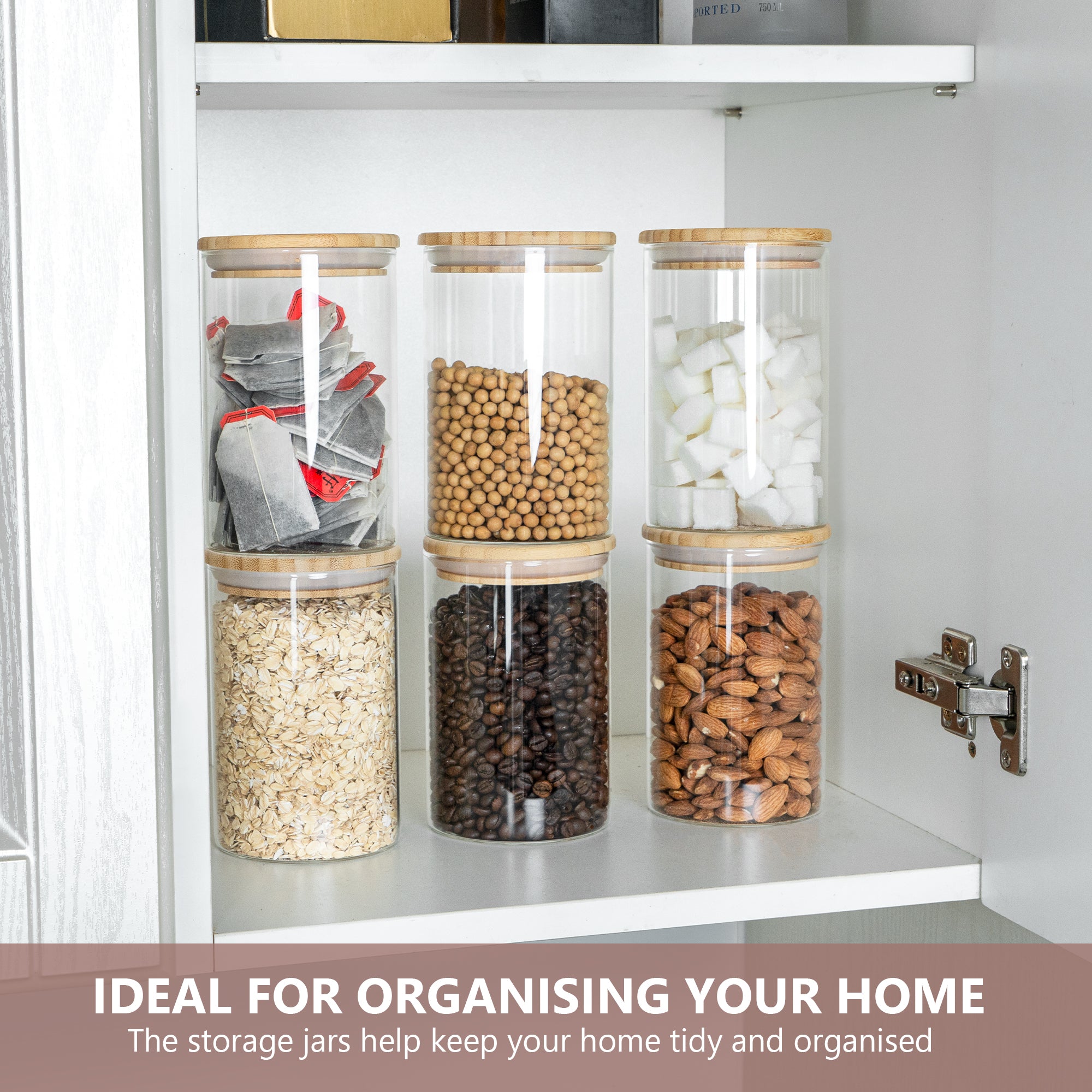 Set of three Igluu Meal Prep glass food storage jars with bamboo lids, 900 ml capacity, ideal for kitchen organization and meal prep.