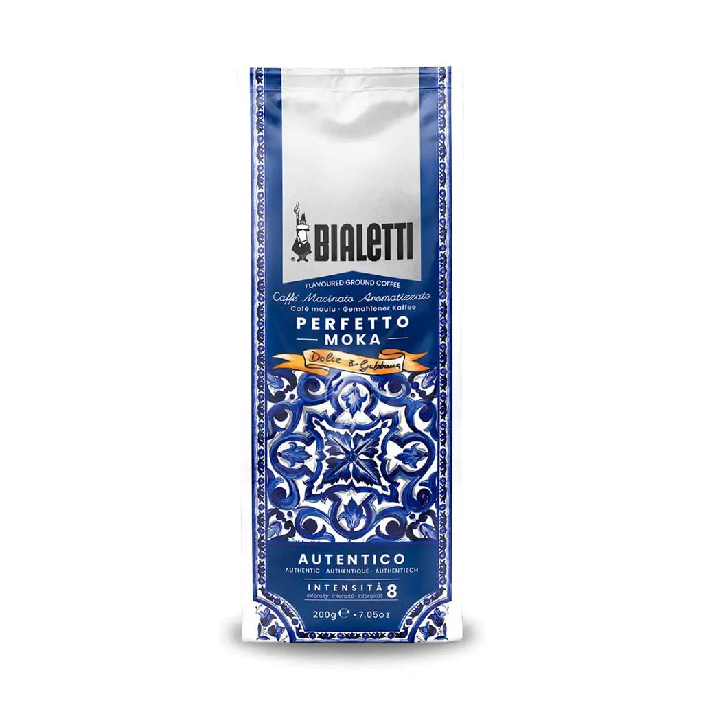 Bialetti X Dolce&Gabbana Blu Mediterraneo ground coffee in a 250g package, showcasing the stylish coffee branding and packaging.