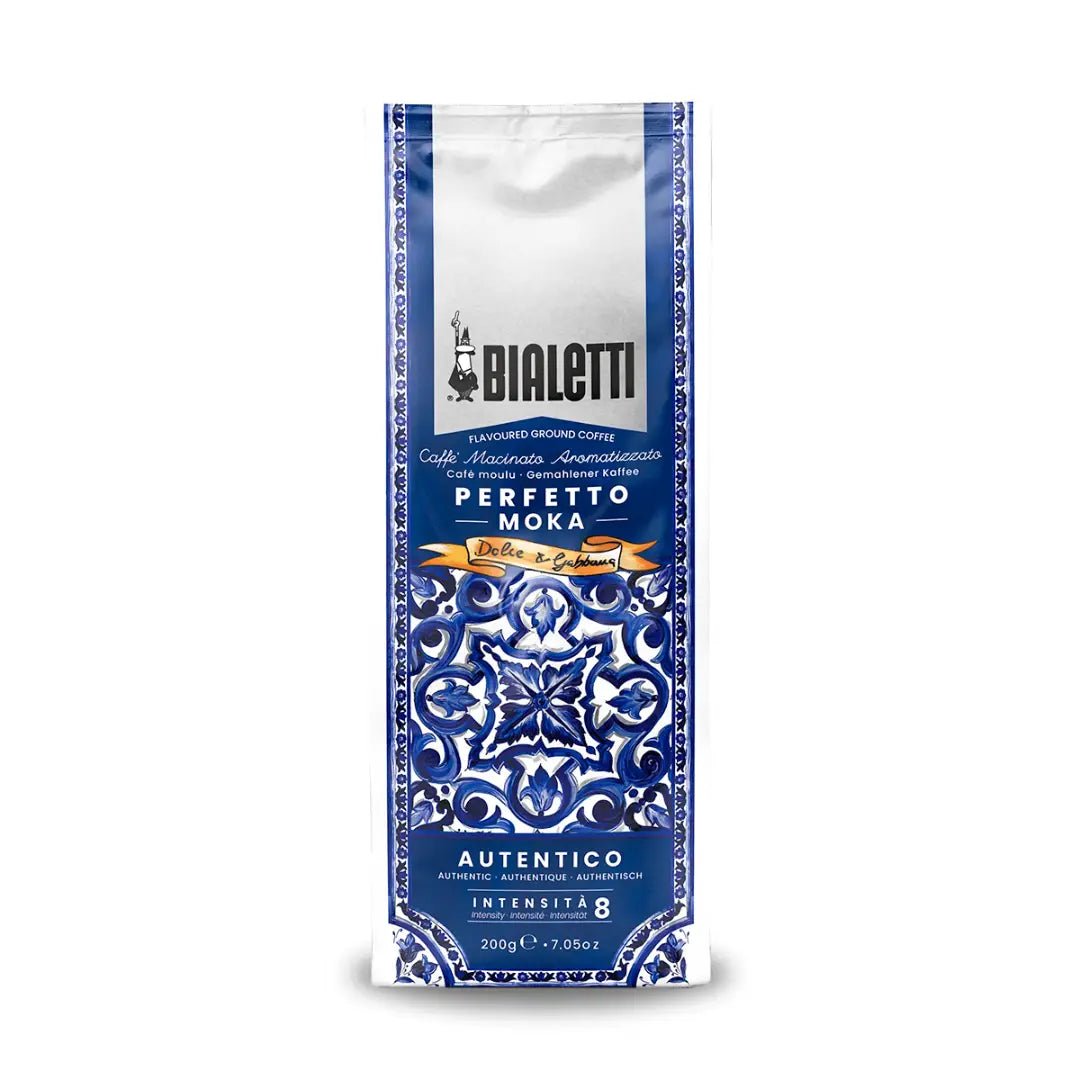 Bialetti X Dolce&Gabbana Blu Mediterraneo ground coffee in a 250g package, showcasing the stylish coffee branding and packaging.