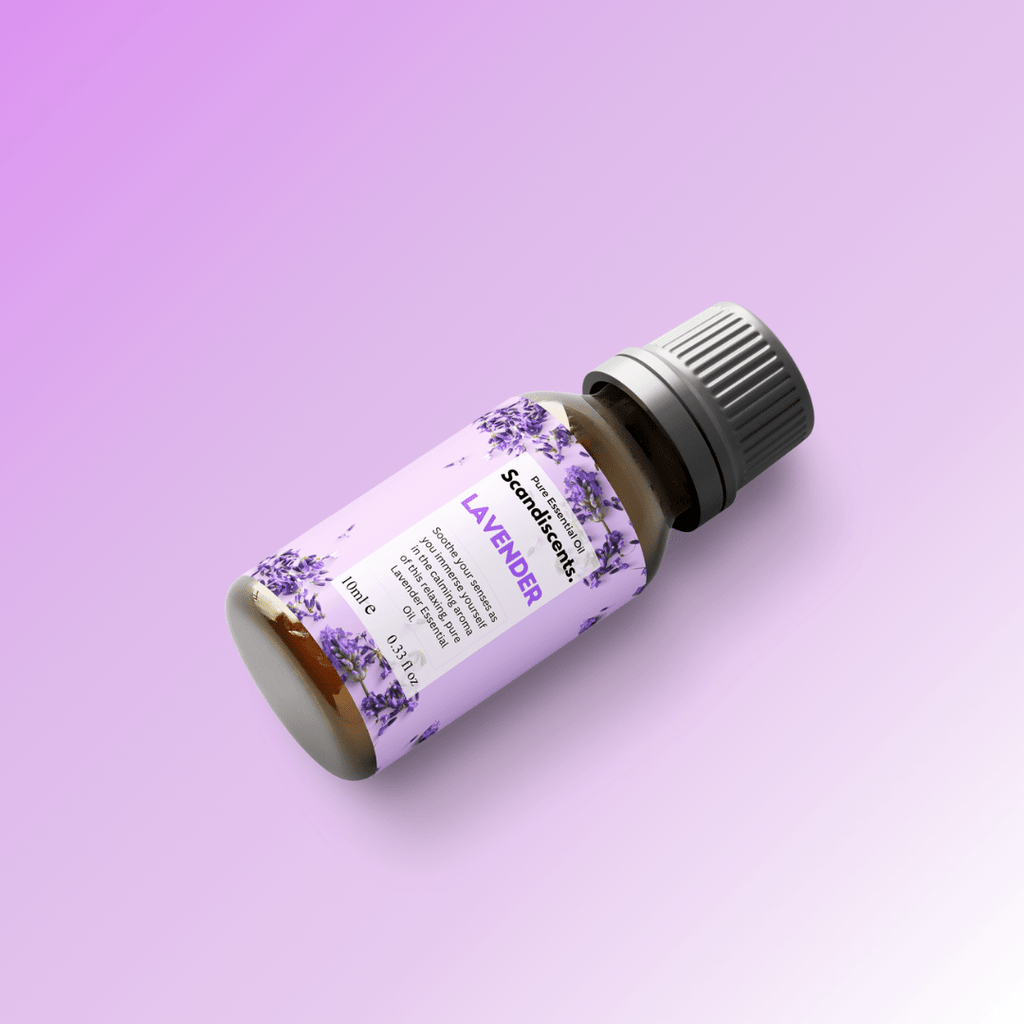 Bottle of Scandiscents lavender essential oil for sleep and relaxation, with lavender flowers in the background.