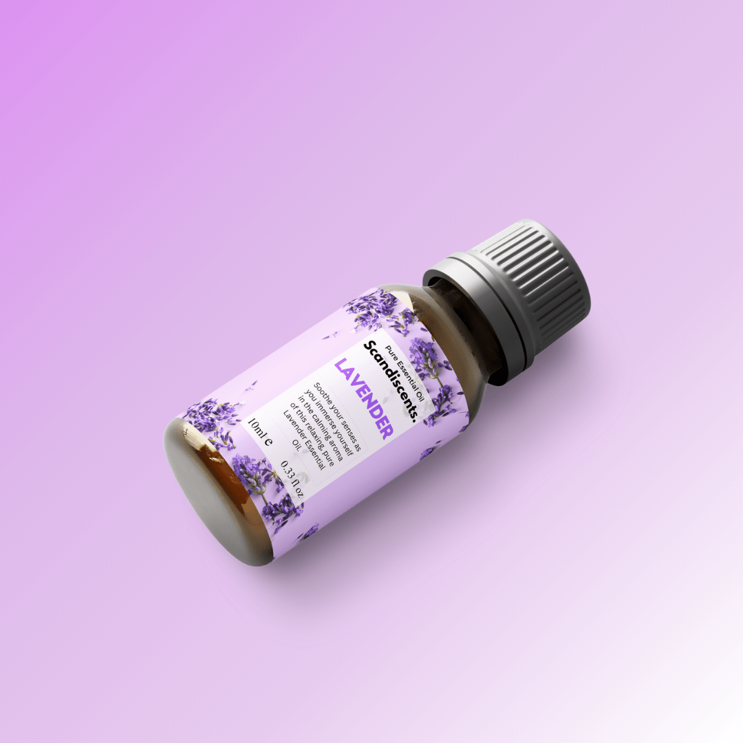 Bottle of Scandiscents lavender essential oil for sleep and relaxation, with lavender flowers in the background.