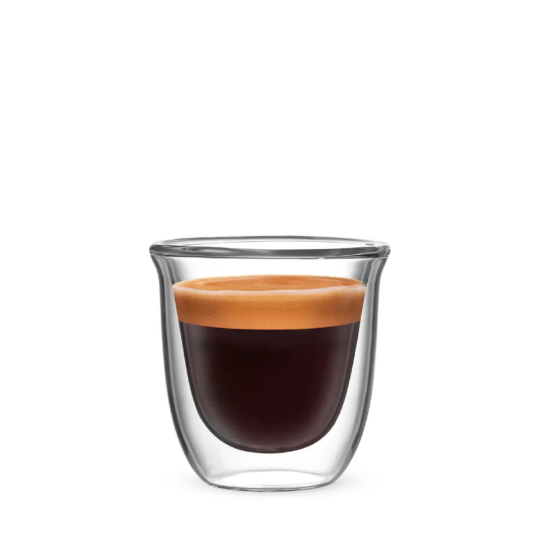 Set of two Brew Italia Firenze double-walled glass tumblers with clear, insulated design for hot or cold beverages.