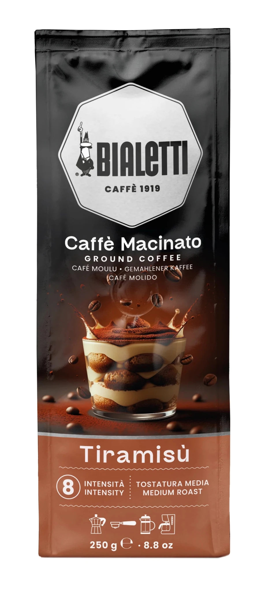 Bialetti Brew Italia Omni Ground Coffee in a bag, showcasing the packaging design and branding for rich, aromatic coffee.