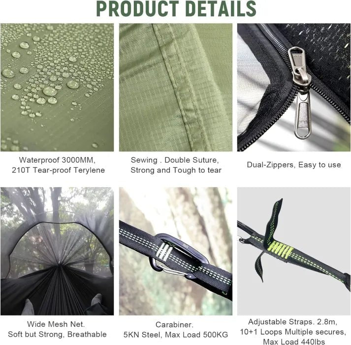 HikeWare Night Cat Hammock Tent hanging outdoors with tree straps and fabric, designed for camping and outdoor relaxation.
