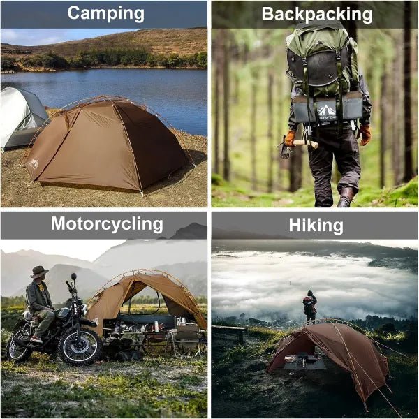HikeWare Night Cat 2-person backpacking tent with aluminum poles set up outdoors, showing its compact design and sturdy structure.