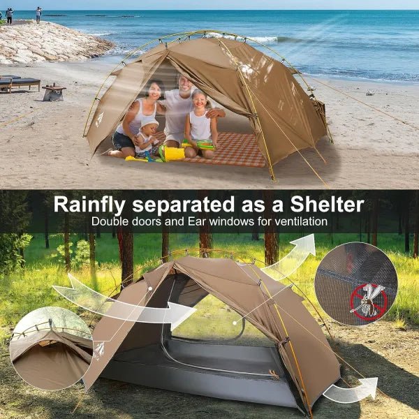 HikeWare Night Cat 2-person backpacking tent with aluminum poles, shown set up in outdoor camping environment.