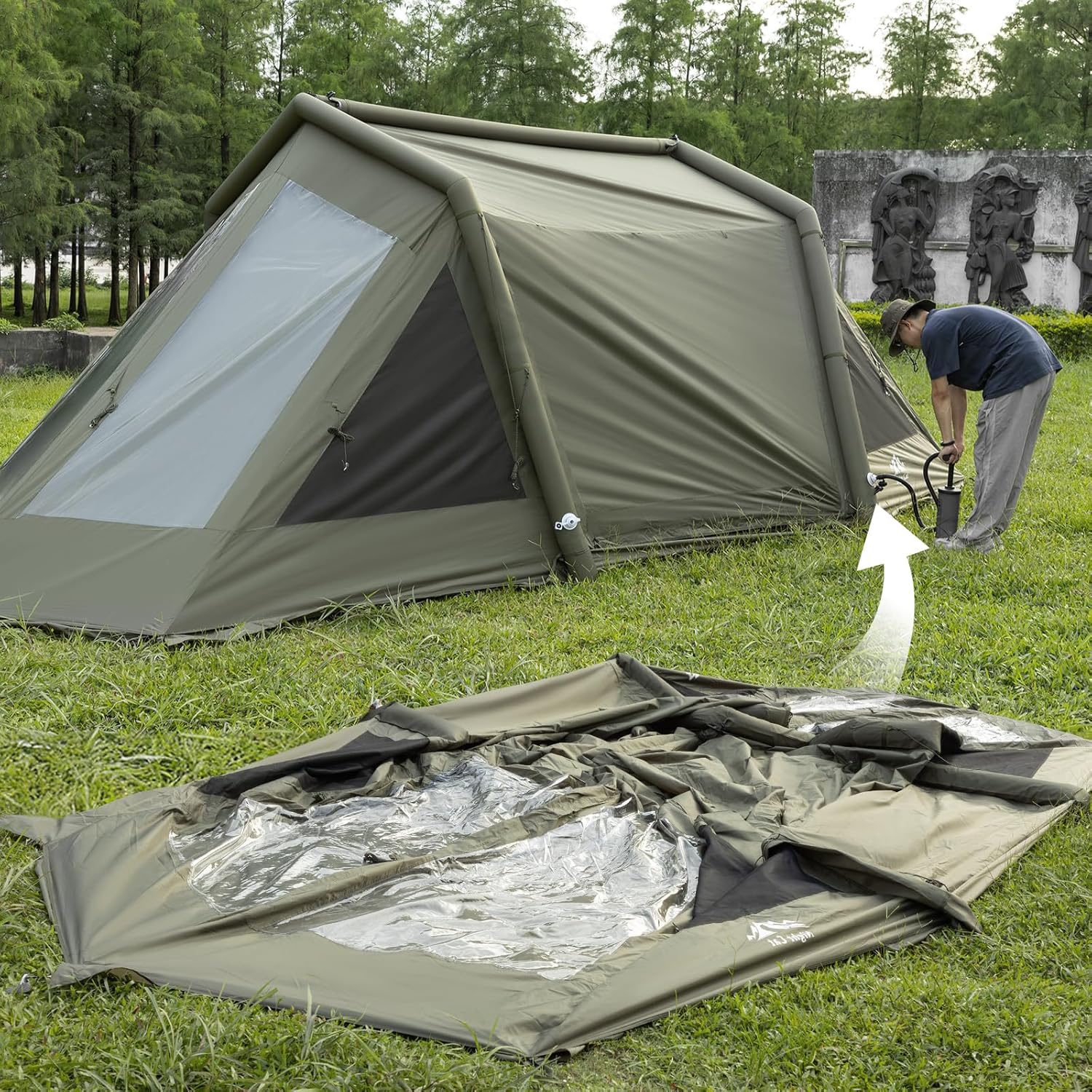 HikeWare Night Cat 8 inflatable tent with two bedrooms, featuring spacious interior and durable fabric for outdoor camping.