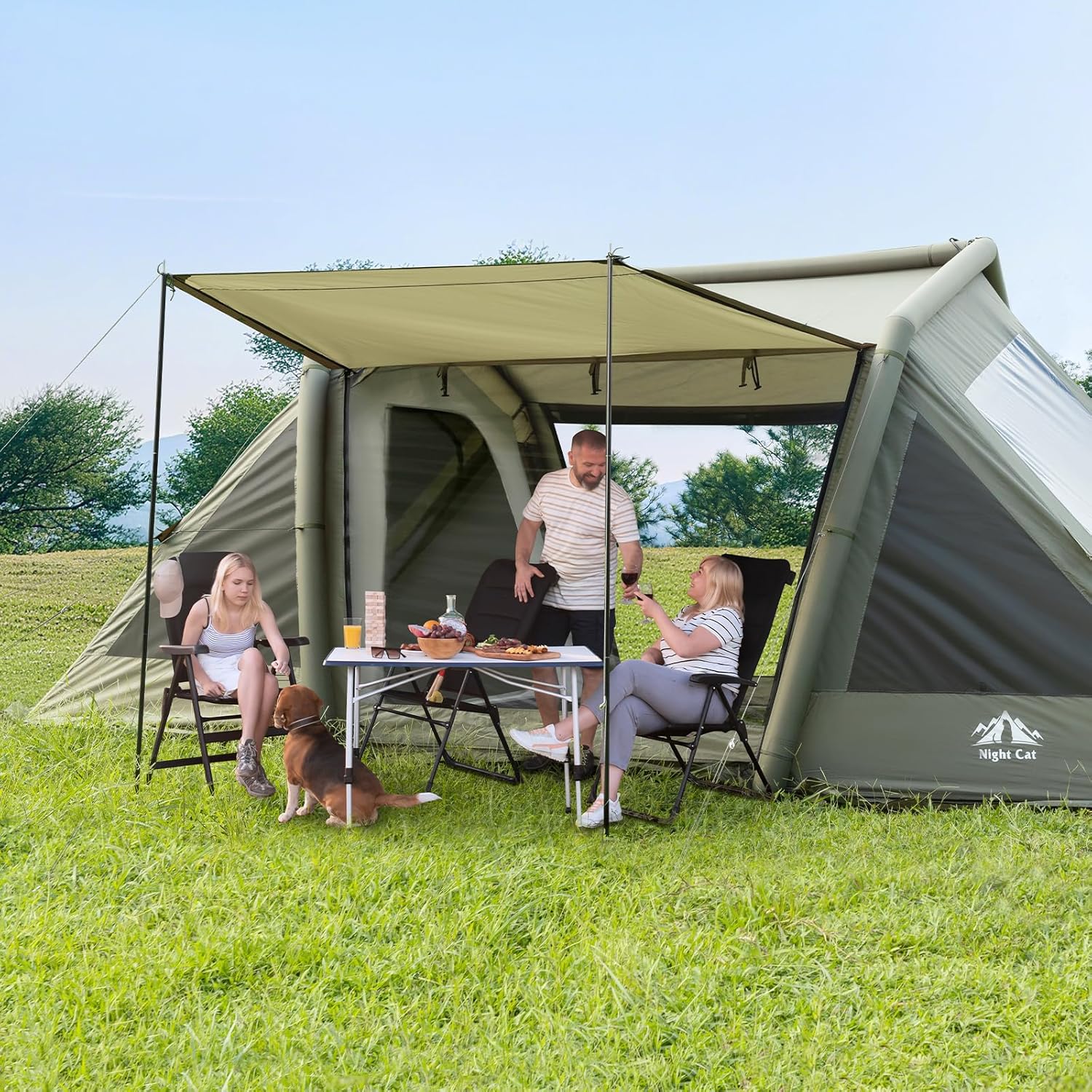 HikeWare Night Cat 8 Man inflatable tent with two bedrooms, featuring spacious interior and durable fabric for outdoor camping.