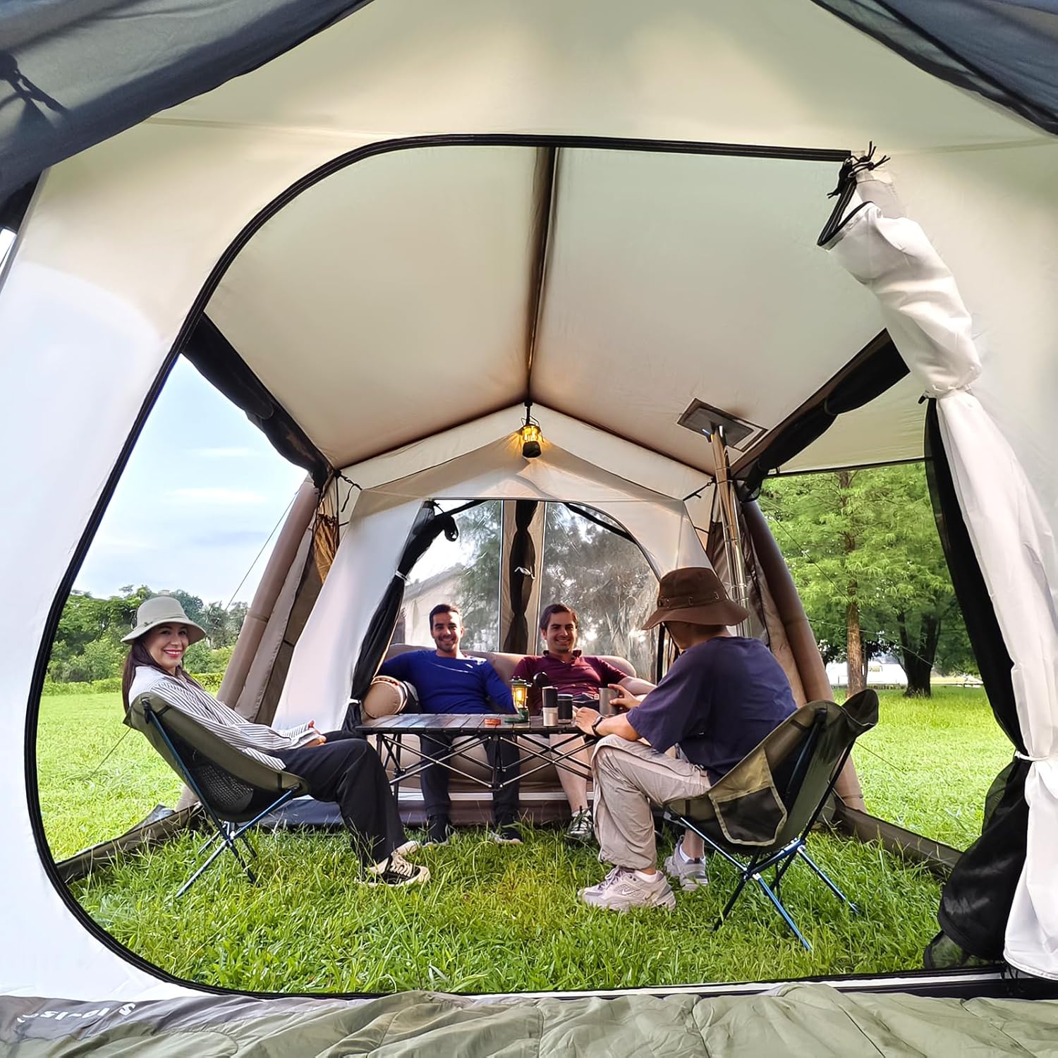 HikeWare Night Cat 8 Man inflatable tent with two bedrooms, outdoor camping tent set up in a scenic camping area