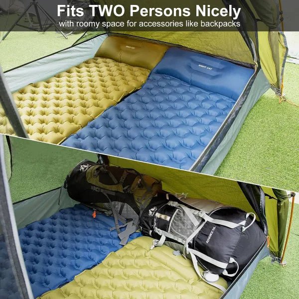 HikeWare Night Cat 2-person backpacking tent with aluminum poles set up outdoors, showing the tent's rainfly and ventilation windows.