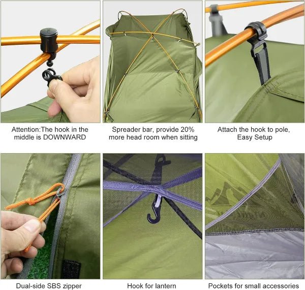 HikeWare Night Cat 2-person backpacking tent with aluminum poles, set up outdoors with rainfly and mesh windows in natural environment.