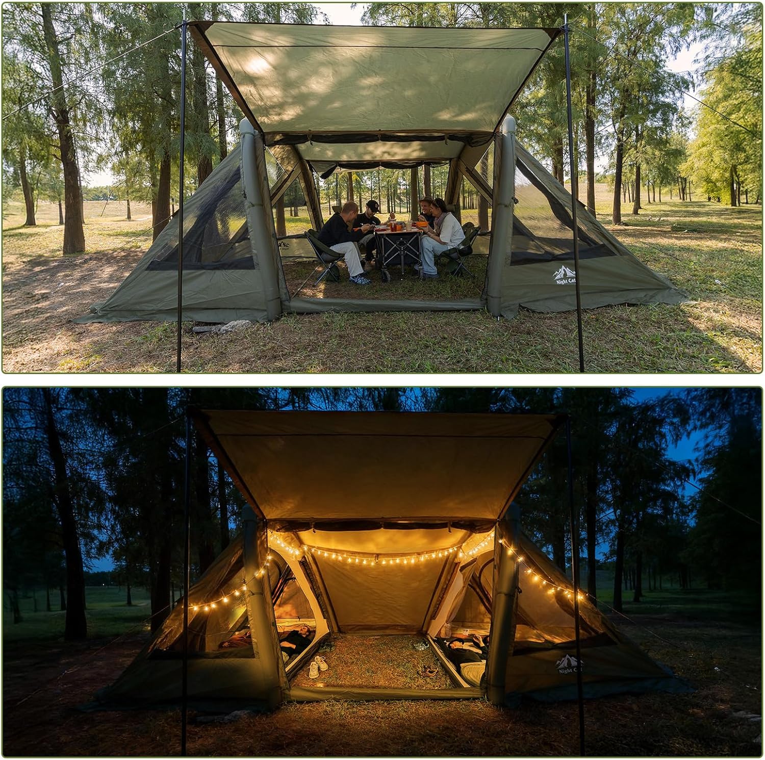 HikeWare Night Cat 8 Man inflatable tent with two bedrooms, spacious outdoor camping tent with durable fabric and multiple entry points.