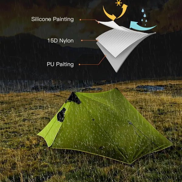 HikeWare Night Cat 2-person ultra-lightweight backpacking tent set up outdoors with rainfly and mesh sides for ventilation.