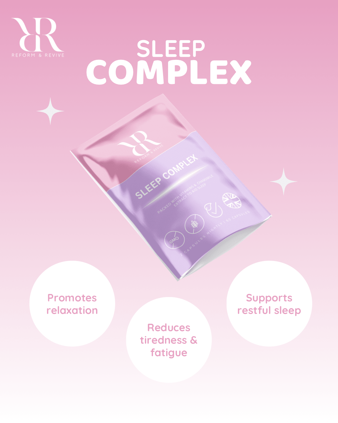 Reform and Revive Sleep Complex+ vitamins bottle with label showing rest and relaxation support for better sleep.