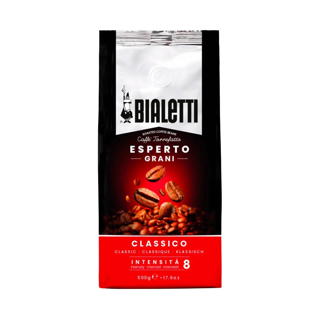 Bialetti Brew Italia whole bean coffee in a bag, featuring the Bialetti logo and detailed product packaging.