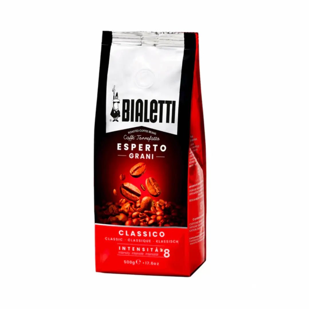 Bialetti Brew Italia whole bean coffee in a bag with a dark label and logo, ready for grinding and brewing.