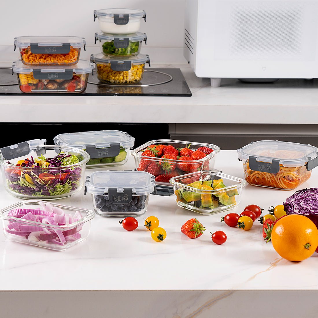Set of 12 Igluu Meal Prep glass food storage containers with airtight lids in assorted sizes, suitable for meal prep and food storage.