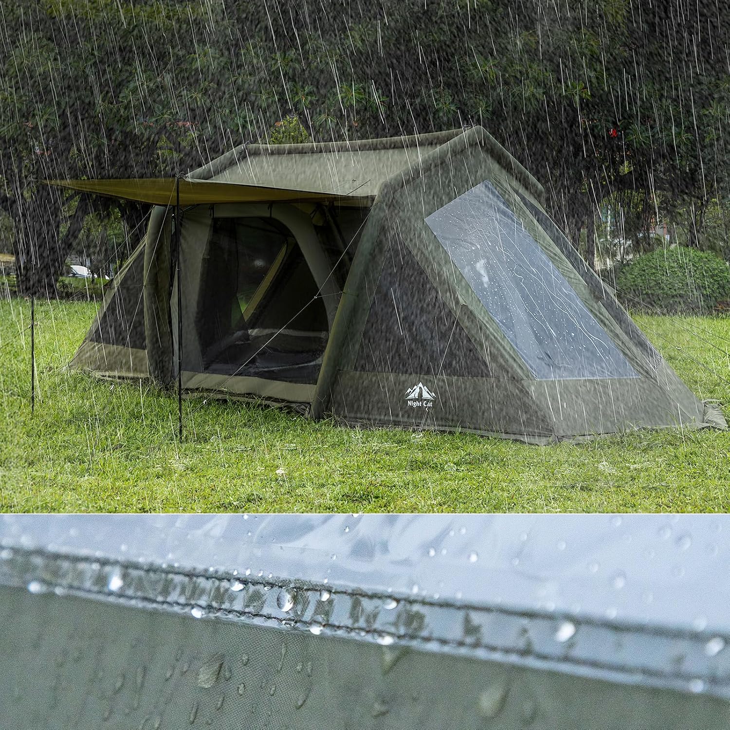 HikeWare Night Cat 8 Man inflatable tent with two bedrooms, spacious outdoor camping shelter with large windows and entrance doors.