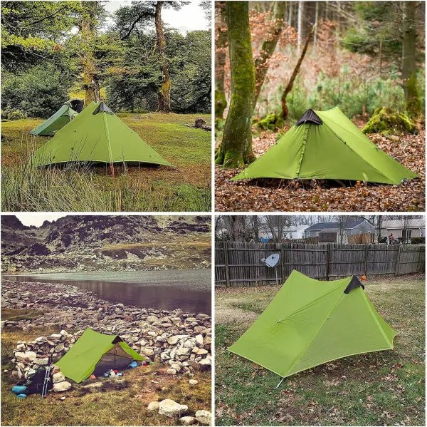 HikeWare Night Cat 2-person ultralight backpacking tent set up outdoors with rainfly and mesh windows, lightweight and compact for camping.