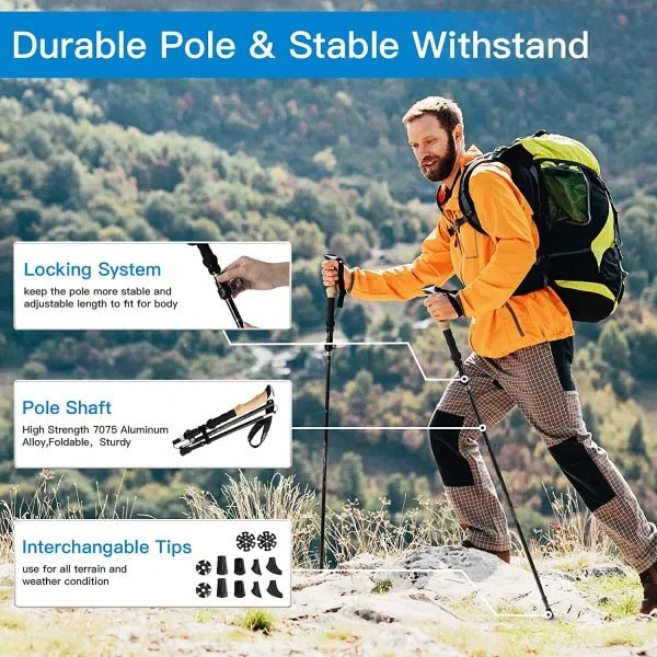HikeWare Night Cat folding trekking poles for hiking, lightweight adjustable hiking poles with ergonomic handles and wrist straps.