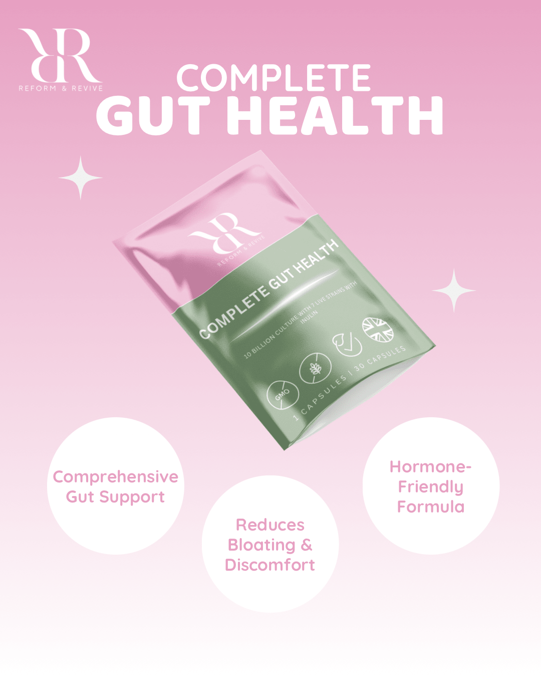 Reform and Revive Complete Gut Health+ supplement bottle with capsules, part of the wellness range for digestive and microbiome support