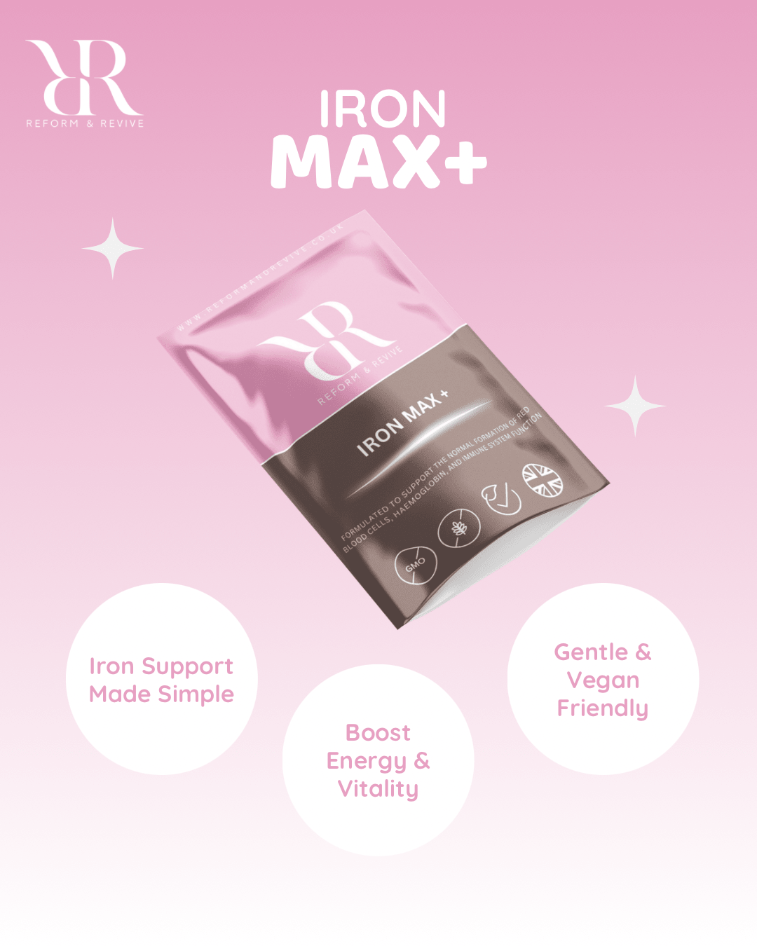 Reform and Revive Iron Max + 30/180 tablets from the wellness range, showing a bottle of iron supplement tablets.