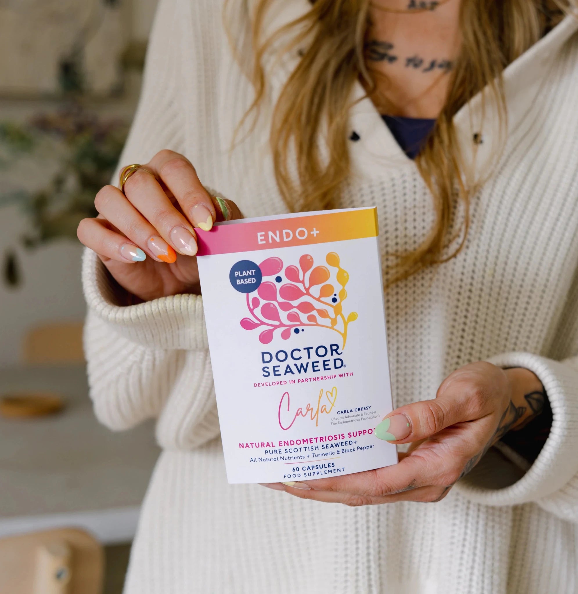 Doctor Seaweed Endo+ supplement bottle with label, featuring natural herbal ingredients and health benefits on the packaging.