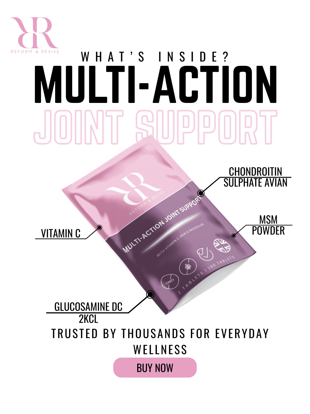 Reform and Revive multi-action joint support supplement bottle with capsules, designed to promote joint health and flexibility.