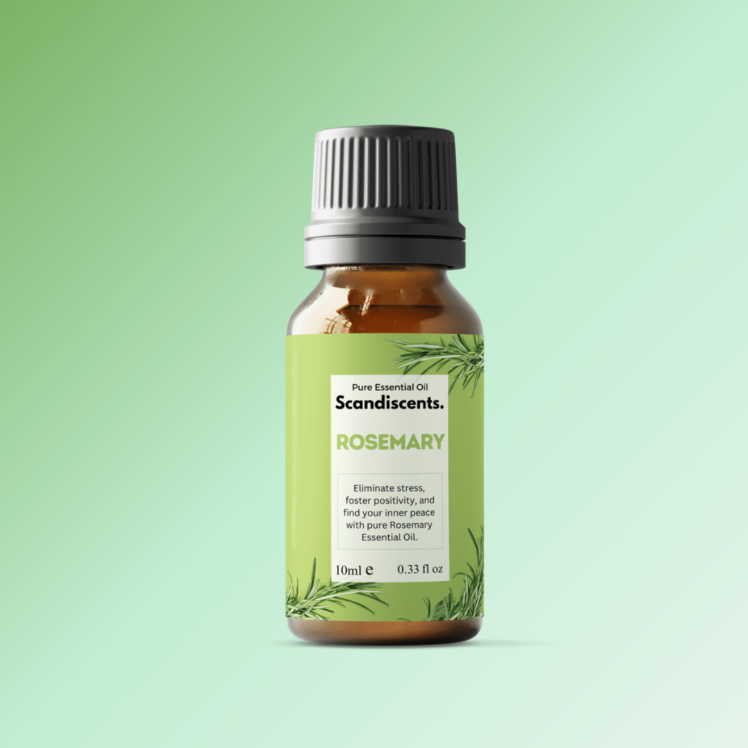 Scandiscents rosemary essential oil bottle with label, emphasizing de-stress and anti-anxiety properties in a clear display.