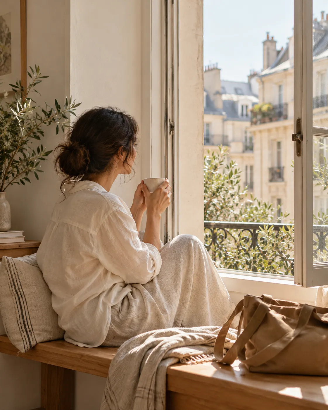 Woman in cream linen holding a cup beside an open apartment window overlooking sunlit city buildings.